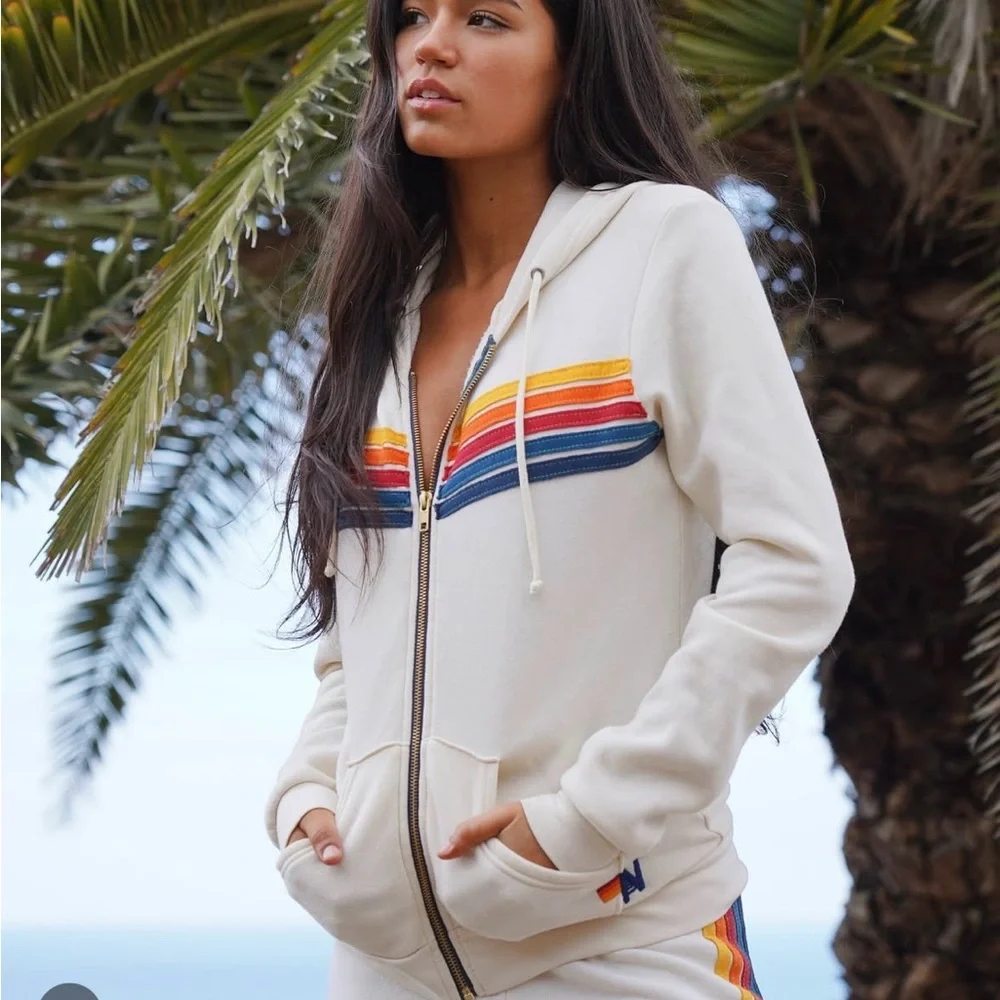 🌈 Aviator Nation Cream Rainbow Striped Hoodie - Picture 5 of 7
